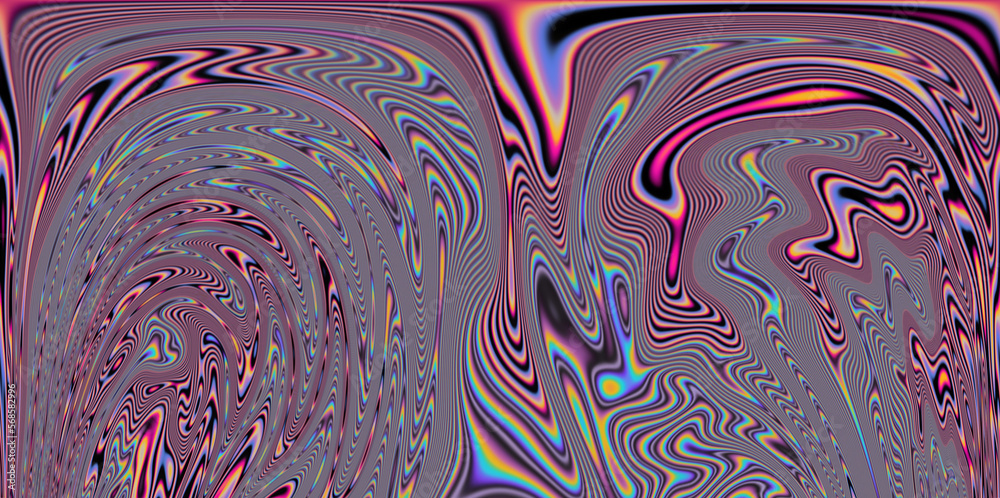 Poster op-art pattern with holographic gasoline like stains and leaks. rainbow multicolored abstract backgr