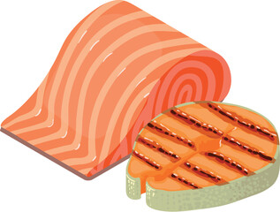Sea food icon isometric vector. Piece of fresh red fish and fried salmon icon. Food concept, healthy nutrition