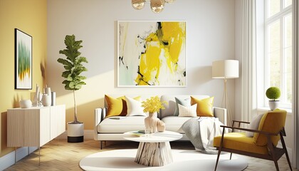 A bright and airy living room with a yellow and white color palette. The room features a white sectional sofa, a wooden coffee table, and a gallery wall of abstract art. generative ai