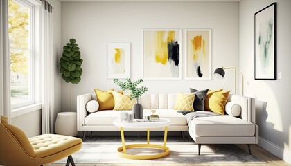 A bright and airy living room with a yellow and white color palette. The room features a white sectional sofa, a wooden coffee table, and a gallery wall of abstract art. generative ai