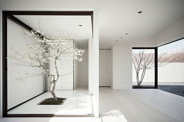 A modern minimalist interior design of a house in Japan", "with clean lines and neutral colors, with a focus on natural light and open spaces". generative ai