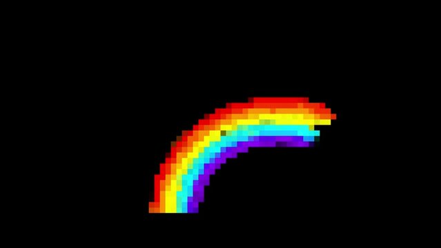 Rainbow pixel art moving from right to left on black background. Cute squares texture animation. Old style game doodle loop.