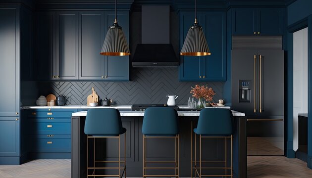 A stylish, modern kitchen with dark cabinetry and a black island with a quartz countertop. The walls are painted in blue and the room is lit by sleek, industrial-style pendant lights. generative ai