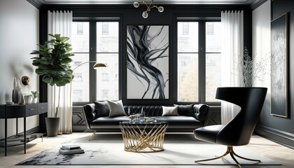 Chic and stylish living room with sleek black furniture, abstract art and large windows. Chic, fashionable atmosphere with a touch of luxury. generative ai