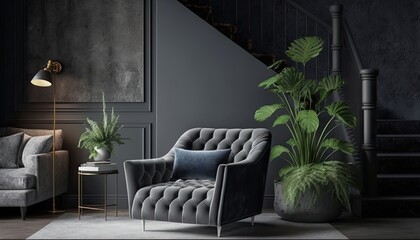 Chic and stylish loft with gray armchair on a dark cement wall. The mood is modern and sophisticated. Style: Realistic 3D. generative ai