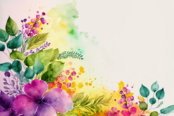 Watercolor floral background with copyspace for text Multicolored flowers drawing. Botanical wallpaper design for spring and summer. Generative AI.