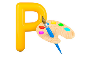 Kids ABC, Letter P with paintbrush with palette. 3D rendering