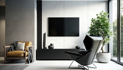 Contemporary living room with black armchair and mounted TV cabinet on a white cement wall. The mood is modern and edgy. generative ai