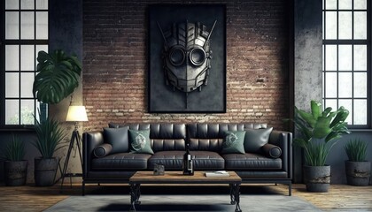 Industrial living room with black leather sofa, metal accents and raw brick wall background. The mood is edgy and modern. generative ai