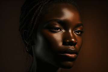 Portrait of a beautiful young black woman, close-up of her face. Ai generated