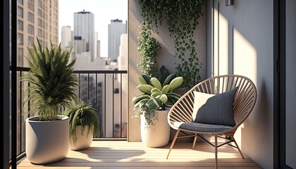 Modern apartment balcony with a view of the city skyline, featuring a comfortable lounge chair, potted plants and a small table. Relaxing and urban ambiance. generative ai