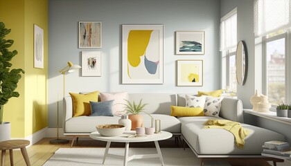 A bright and airy living room with a yellow and white color palette. The room features a white sectional sofa, a wooden coffee table, and a gallery wall of abstract art. Generative AI