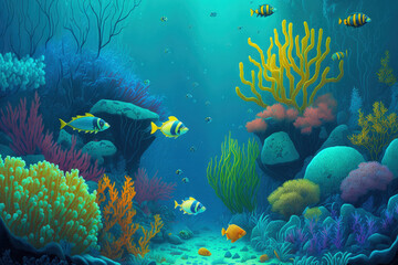 Fototapeta na wymiar Beautiful underwater panorama of coral reefs and tropical fish. Generative AI