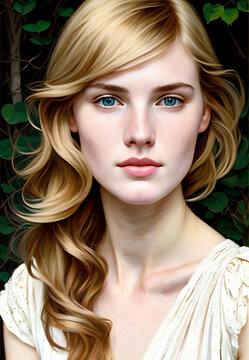 Retrato de chica guapa rubia con iluminaci&oacute;n realista con paisaje bello de fondo - AI Generated Art