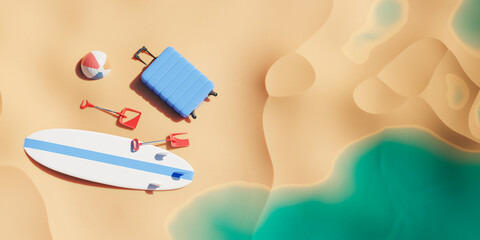 Sandy beach with toys suitcase and surfboard