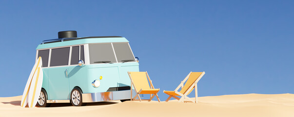 Retro van parked on sandy beach. 3d render - obrazy, fototapety, plakaty