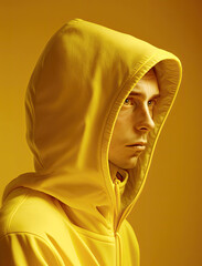 Man wearing a yellow hoodie spring collection against a yellow background- Generative AI Portrait