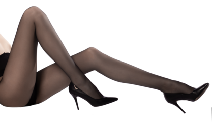 caucasian female long slim legs in black tights and black shoes isolated on white background