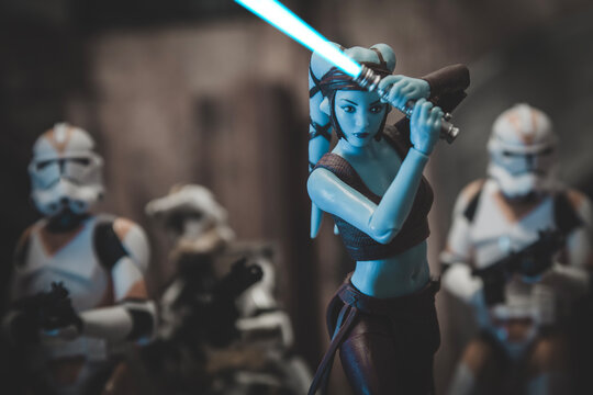 NEW YORK USA, FEB 8 2023: scene from Star Wars The Clone Wars Jedi General Twi'lek Aayla Secura and clone Commander Bly and the 327th Star Corps - Hasbro action figure
