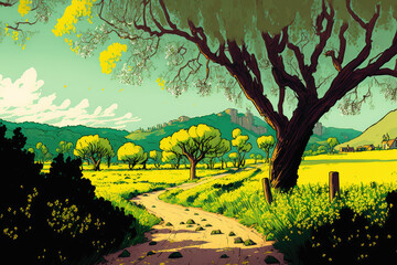 Spring in Israel's Galilee is green and yellow. Generative AI - obrazy, fototapety, plakaty