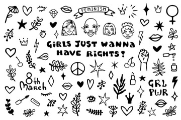 Fototapeta na wymiar International Women's Day. Vector set of hand drawn elements: raised fist, slogans, symbols, lips, hearts, branches, stars.
