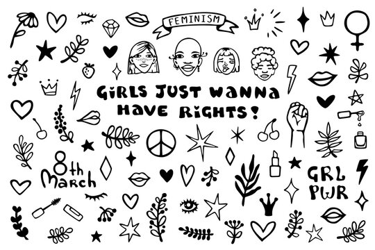 International Women's Day. Vector set of hand drawn elements: raised fist, slogans, symbols, lips, hearts, branches, stars.
