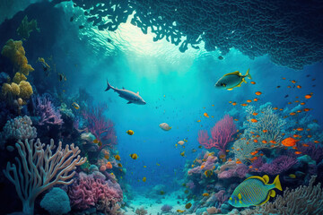 Fototapeta na wymiar snorkeling excursion, underwater coral reef, coral lagoon, and underwater scenery. Generative AI