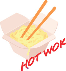 Hot wok icon isometric vector. Open paper box of noodle with wood chopstick icon. Food concept, asian cuisine