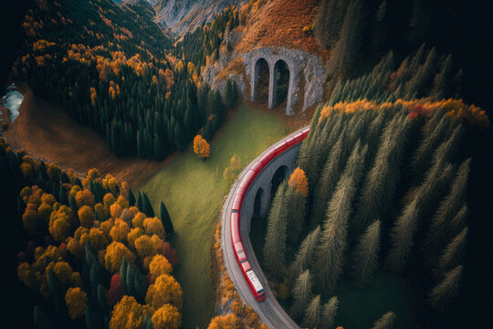 Aerial image of a Bernina Express train traveling across the renowned Brusio spiral bridge of the Rhaetian Railway over a verdant, grassy meadow decorated with fall foliage on the side of a steep moun