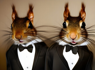 AI generative illustration of two handsome squirrel characters dressed in tuxedos.