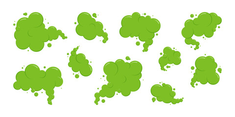 Fart cloud icon, bad smell smoke, green toxic gas, cartoon stink odour isolated on white background. Aroma vector illustration - obrazy, fototapety, plakaty