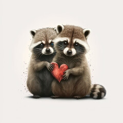 Fototapeta premium Cute racoons with a heart in their hands,ideal for valentine card, spreading love