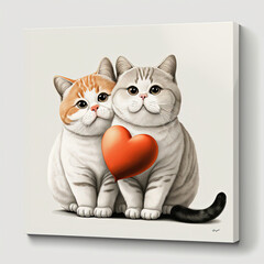 Cute cats in a frame canva with a heart shape ,ideal for valentine card, spreading love