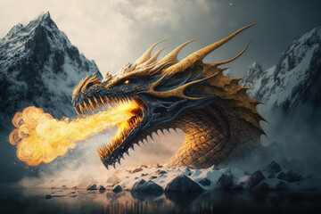 Fototapeta na wymiar Ochre giant dragon breathing fires crashing through a glacier. Mythological Creature. Norse myth and legend. God of War.