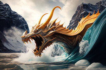 Golden serpent burst through the ice looking for its next meal. Glaciers. Cold. Frost. Dragon. Mythological creature