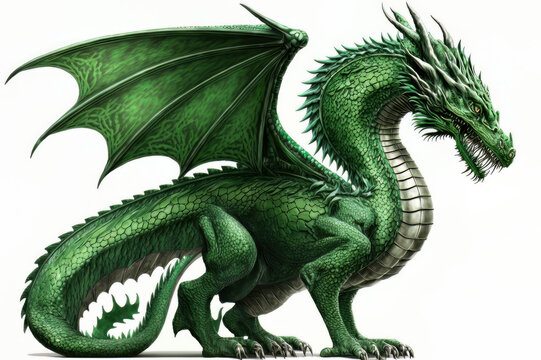 Green dragon breathing fire on a black background isolated on a white background. Mythological creature. Full body.