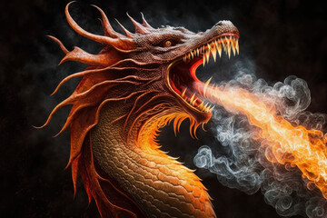 Orange dragon breathing fire dark background. Mythological creature.