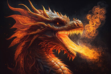 Orange dragon breathing fire dark background. Mythological creature.