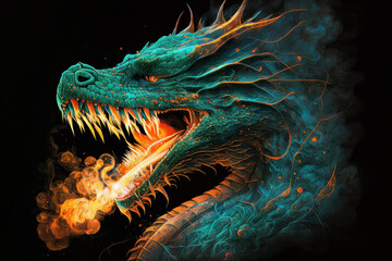 Teal & Orange Dragon breathing fire on a dark background. Mythological creature