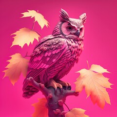 Obraz premium Psychedelic Owl Bird Sitting on Maple Tree on Pink Background, AI Generative