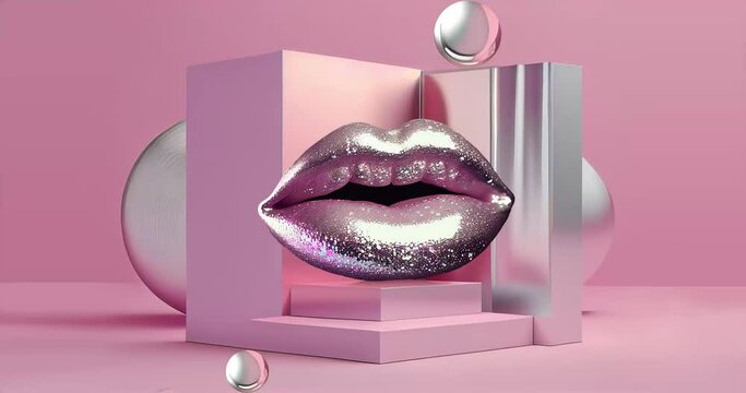 Plump female lips in silver purple color appear and disappear on a pink background Pattern Animation loop 4K
