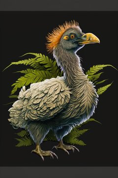 An extinct dront, dodo bird, or Raphus cucullatus in Latin. Imaginary illustration with fern plants on black background. AI Generative.