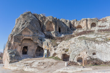 Phrygian Valley (Frig Vadisi). Ancient caves, stone houses and rock tombs in Ayazini. Thousands of years old rock tombs. Ayazini cave church and National Park in Afyon, Turkey.