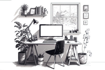 Workplace with computer hand-drown style illustration. Working or gaming at home concept.