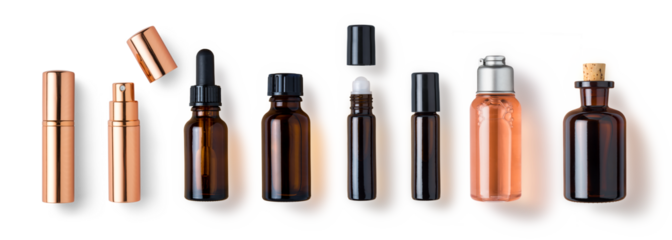 various bottles / roller bottles / spray bottles made of glass and metal for cosmetics, natural medicine , essential oils or other liquids isolated over a transparent background, top view