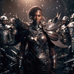 Beautiful African American Woman, Covered in Shiny Armor, Leading an Army of Soldiers, generative ai