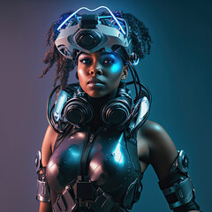 Beautiful African American Woman Wearing VR Helmet, generative ai