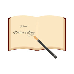 Writers Day. Open book with fountain pen. March 3. Great design for any purpose. Flyer design. Vector flat illustration.