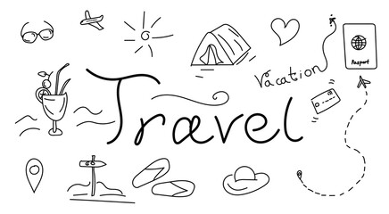 Doodle set of travel. Vector set of journey elements. Travelling concept. Vector illustration