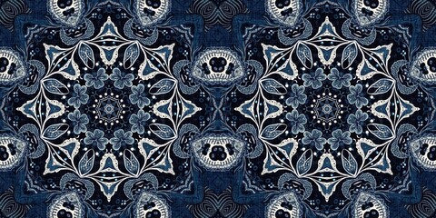 Retro indigo floral bandana 2 tone patterned fabric border background. Seamless boho denim blue banner edge design. Fashion masculine endless edging trim . 